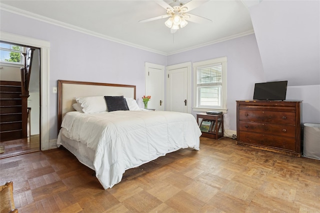 58 Garden St, Garden City, NY 11530 - bedroom featuring multiple windows, crown molding, and ceiling fan