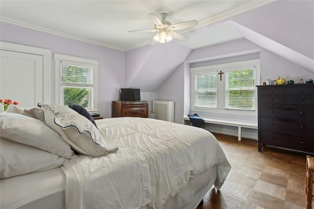 58 Garden St, Garden City, NY 11530 - bedroom featuring multiple windows, lofted ceiling, ornamental molding, and ceiling fan