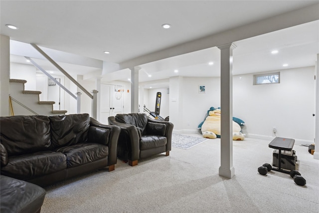 58 Garden St, Garden City, NY 11530 - carpeted living area with recessed lighting and stairway