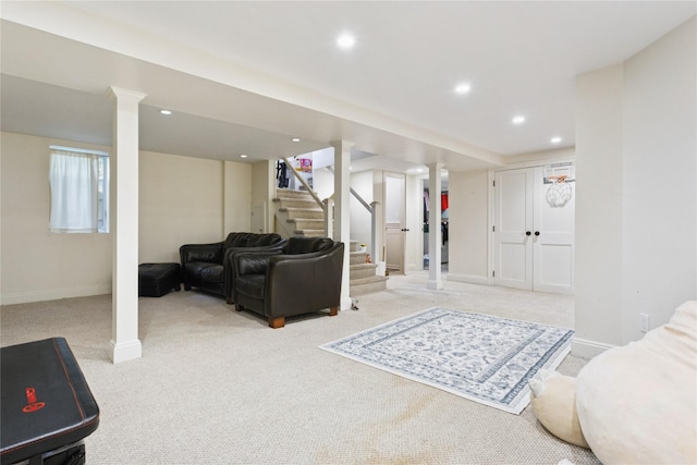 58 Garden St, Garden City, NY 11530 - living room with light colored carpet, recessed lighting, and stairway