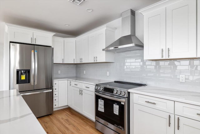 12 Pershing Pl, Island Park, NY 11558 - kitchen featuring stainless steel appliances, wall chimney range hood, white cabinets, and backsplash
