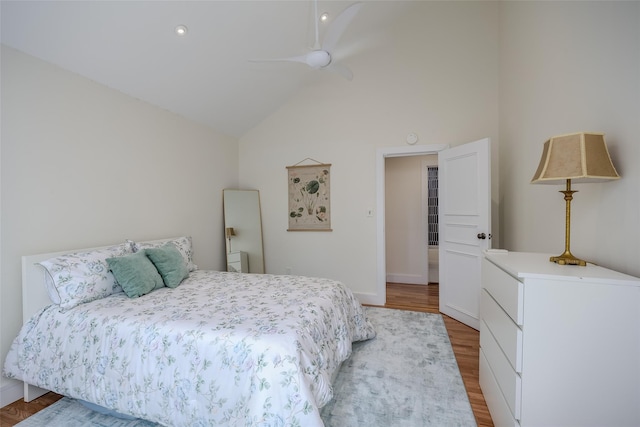 10 Head Of Pond Rd Unit 8, Water Mill, NY 11976 - bedroom featuring high vaulted ceiling, wood finished floors, baseboards, a ceiling fan, and recessed lighting