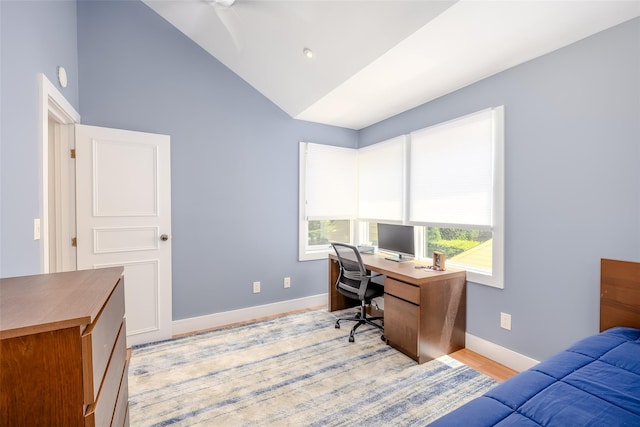 10 Head Of Pond Rd Unit 8, Water Mill, NY 11976 - office with vaulted ceiling, baseboards, light wood-style flooring, and a ceiling fan