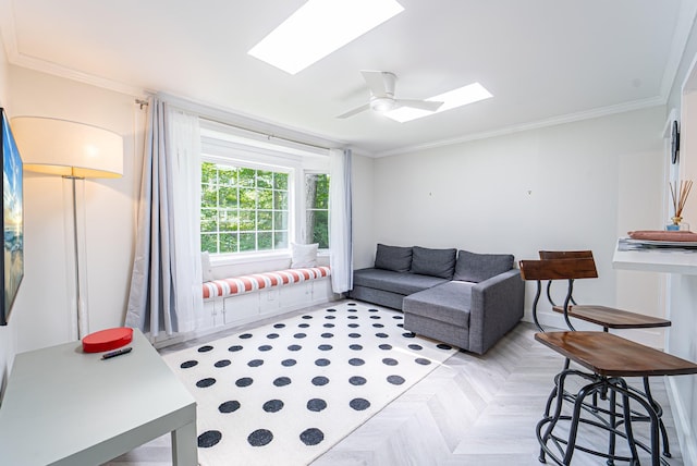 9 Higgins Trl, Monroe, NY 10950 - living area featuring a skylight, ornamental molding, and ceiling fan