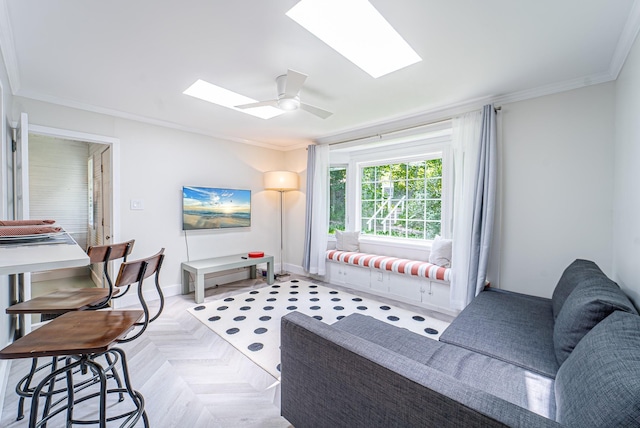 9 Higgins Trl, Monroe, NY 10950 - living room with a skylight, crown molding, and a ceiling fan