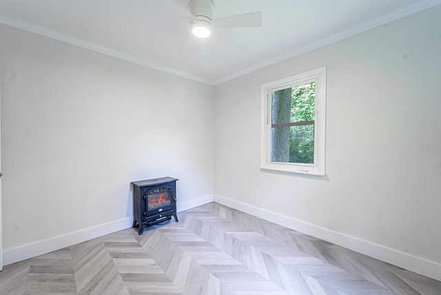 9 Higgins Trl, Monroe, NY 10950 - unfurnished room featuring a wood stove, a ceiling fan, and crown molding