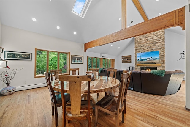1775 Plank Rd, Forestburgh, NY 12777 - dining space featuring light wood-style floors, recessed lighting, a baseboard radiator, plenty of natural light, and beam ceiling