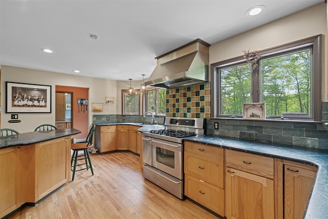 1775 Plank Rd, Forestburgh, NY 12777 - kitchen featuring stainless steel gas range, ventilation hood, dark countertops, backsplash, and recessed lighting