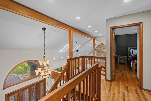 1775 Plank Rd, Forestburgh, NY 12777 - hall with an upstairs landing, a chandelier, light wood-type flooring, and recessed lighting