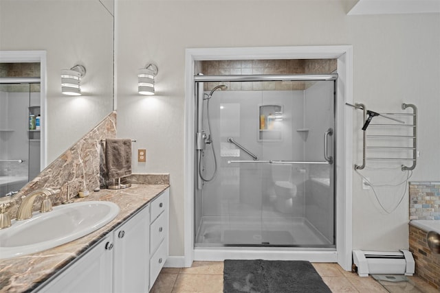 1775 Plank Rd, Forestburgh, NY 12777 - full bath featuring a baseboard heating unit, vanity, a stall shower, and tile patterned flooring