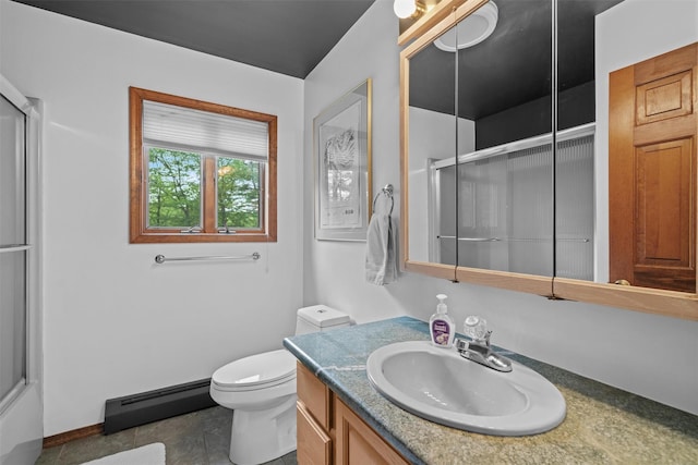 1775 Plank Rd, Forestburgh, NY 12777 - bathroom with a baseboard radiator, vanity, and a shower with door