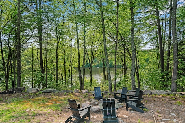 1775 Plank Rd, Forestburgh, NY 12777 - view of yard with a fire pit, a water view, and a wooded view