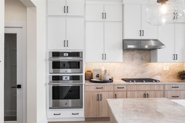 3502 Bennington Dr Unit 113, Fishkill, NY 12524 - kitchen featuring ventilation hood, appliances with stainless steel finishes, tasteful backsplash, light stone countertops, and decorative light fixtures
