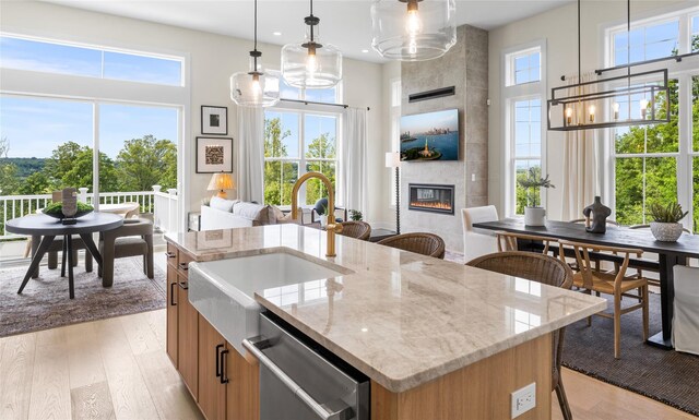 3502 Bennington Dr Unit 113, Fishkill, NY 12524 - kitchen with dishwasher, a towering ceiling, a sink, open floor plan, and light wood-style flooring