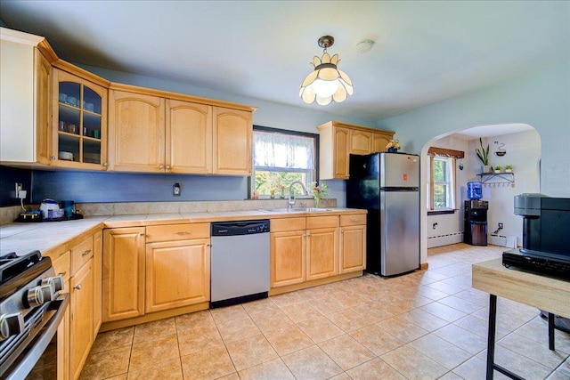 18 Gerow Ln, Cornwall, NY 12553 - kitchen featuring appliances with stainless steel finishes, a sink, arched walkways, and healthy amount of natural light