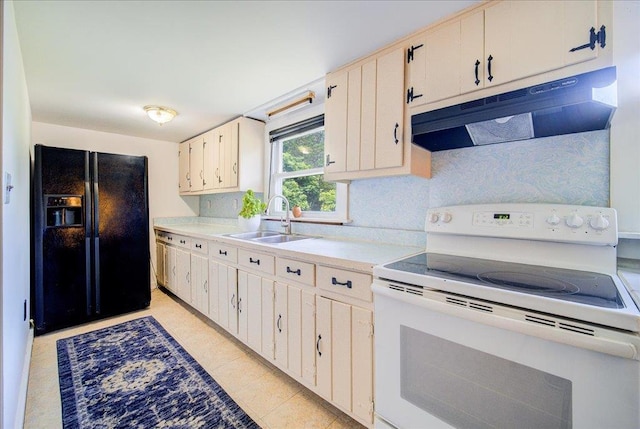 18 Gerow Ln, Cornwall, NY 12553 - kitchen with black refrigerator with ice dispenser, white electric range oven, under cabinet range hood, a sink, and light countertops