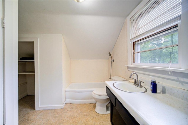 18 Gerow Ln, Cornwall, NY 12553 - full bath with toilet, vanity, vaulted ceiling, tile patterned floors, and tub / shower combination