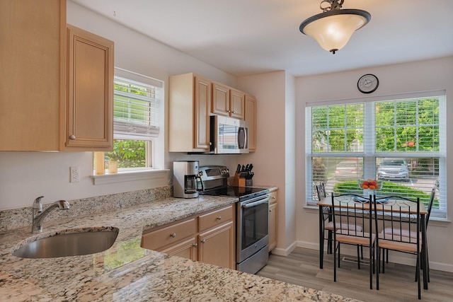421 Cornwall Meadows Ln, Patterson, NY 12563 - kitchen featuring stainless steel appliances, a sink, light brown cabinetry, light wood-style floors, and light stone countertops