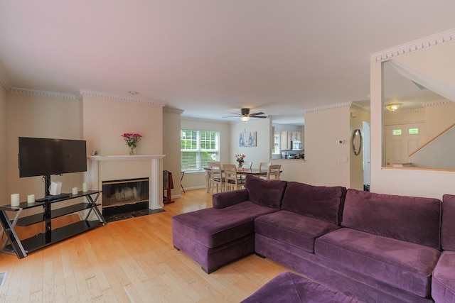 421 Cornwall Meadows Ln, Patterson, NY 12563 - living area featuring light wood finished floors, a ceiling fan, a fireplace with flush hearth, and ornamental molding