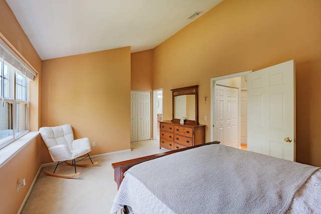 421 Cornwall Meadows Ln, Patterson, NY 12563 - bedroom featuring light carpet, baseboards, and high vaulted ceiling