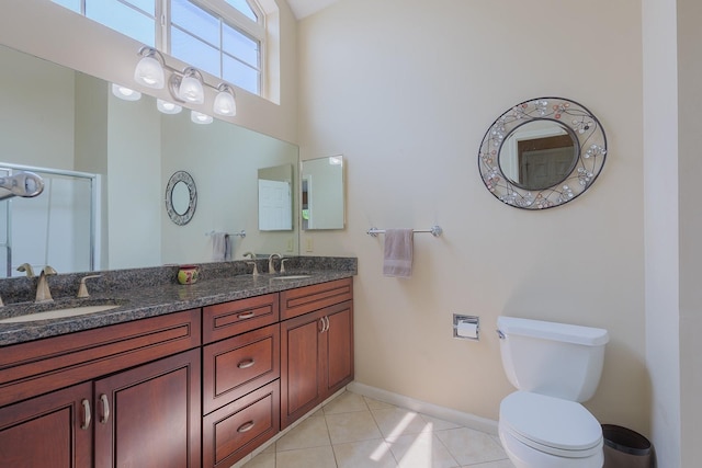 421 Cornwall Meadows Ln, Patterson, NY 12563 - bathroom featuring baseboards, tile patterned flooring, toilet, double vanity, and a shower with shower door