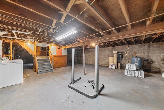 23 Johnson Ln, Millbrook, NY 12545 - unfinished below grade area featuring washer / dryer, stairway, a water pressure tank, and a water softener system