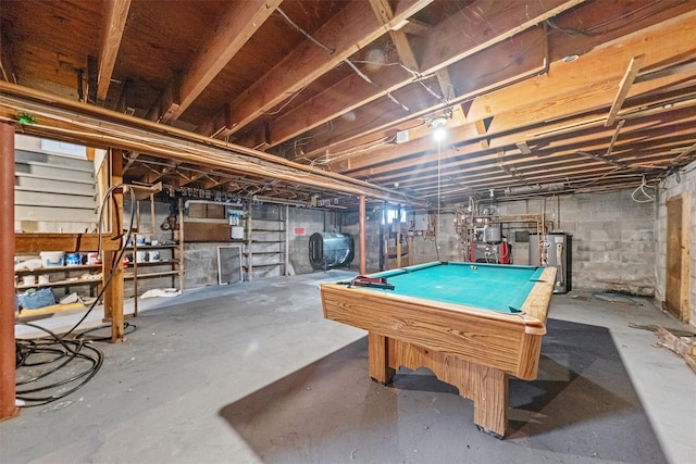 23 Johnson Ln, Millbrook, NY 12545 - playroom featuring concrete floors, water heater, oil tank, and pool table