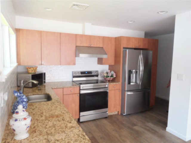 9 Adams St, East Rockaway, NY 11518 - kitchen featuring stainless steel appliances, under cabinet range hood, a sink, backsplash, and dark wood finished floors