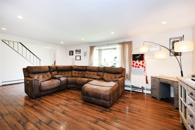 33 Highview Ln, Ridge, NY 11961 - living area with dark wood-type flooring, a baseboard radiator, stairs, and recessed lighting