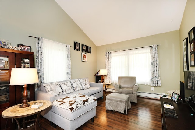 33 Highview Ln, Ridge, NY 11961 - living area featuring baseboard heating, lofted ceiling, and hardwood / wood-style floors