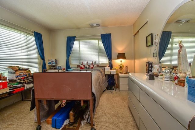 62 Crystal Rock Ct, Middle Island, NY 11953 - bedroom featuring light colored carpet, multiple windows, and a textured ceiling
