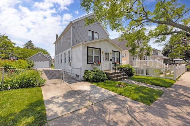 13325 120th St, South Ozone Park, NY 11420 - view of front of house with a gate, a detached garage, an outbuilding, and a chimney
