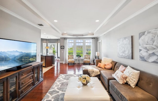 494 Pacing Way Unit 301C, Westbury, NY 11590 - living room with dark wood-type flooring, a raised ceiling, ornamental molding, and recessed lighting