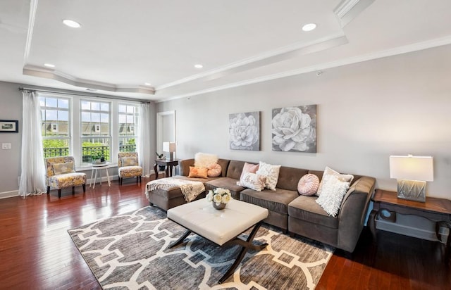 494 Pacing Way Unit 301C, Westbury, NY 11590 - living area with a tray ceiling, wood-type flooring, ornamental molding, recessed lighting, and baseboards