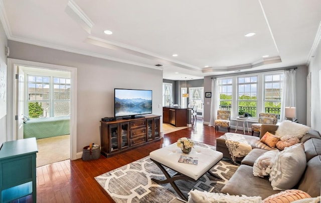 494 Pacing Way Unit 301C, Westbury, NY 11590 - living room featuring a raised ceiling, plenty of natural light, wood-type flooring, ornamental molding, and baseboards