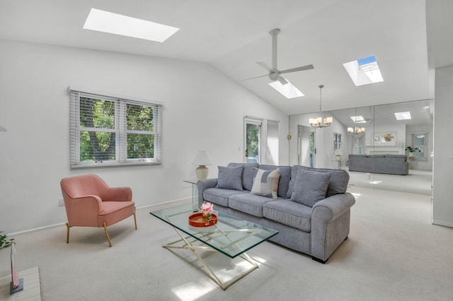 195 Alicia Dr Unit 195, North Babylon, NY 11703 - carpeted living area featuring a skylight, a chandelier, lofted ceiling, and ceiling fan