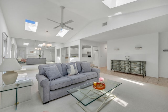 195 Alicia Dr Unit 195, North Babylon, NY 11703 - carpeted living room with a skylight, high vaulted ceiling, a ceiling fan, a chandelier, and tile patterned flooring