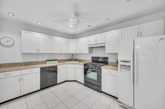 195 Alicia Dr Unit 195, North Babylon, NY 11703 - kitchen with black appliances, under cabinet range hood, white cabinetry, recessed lighting, and a ceiling fan