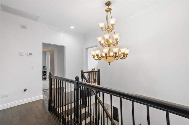 446 M And M Rd, Middletown, NY 10940 - hallway with a chandelier, crown molding, an upstairs landing, baseboards, and dark wood-style flooring