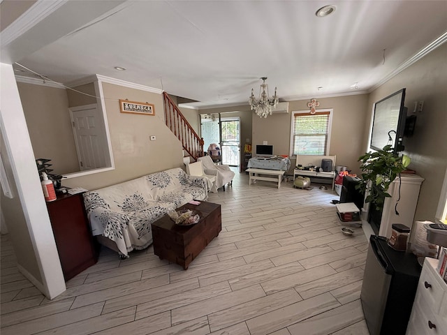 7308 187th St, Fresh Meadows, NY 11366 - living area featuring crown molding, light wood-type flooring, stairway, a chandelier, and a wall mounted air conditioner