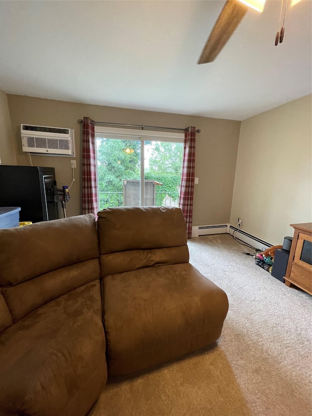 701 Towne House Vlg Unit 701, Hauppauge, NY 11749 - carpeted living area with an AC wall unit, baseboards, and ceiling fan