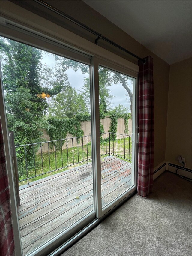 701 Towne House Vlg Unit 701, Hauppauge, NY 11749 - doorway featuring plenty of natural light, carpet flooring, and a baseboard radiator