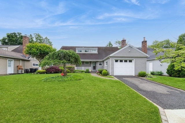 12 Hazel Pl, Woodmere, NY 11598 - view of front of home with asphalt driveway, an attached garage, a front lawn, and covered porch