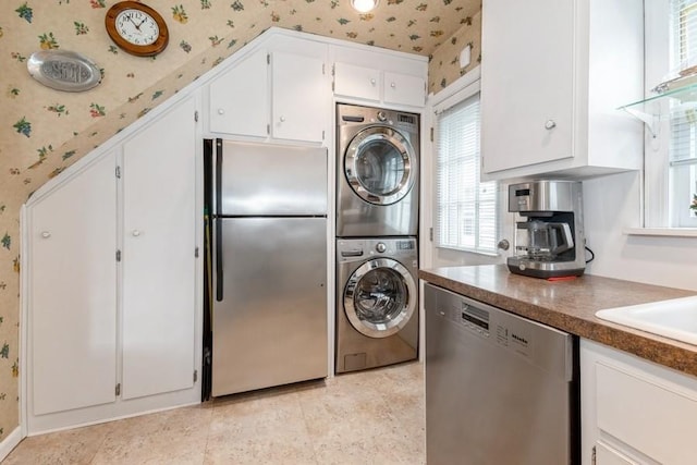 12 Hazel Pl, Woodmere, NY 11598 - laundry room featuring wallpapered walls and stacked washer / drying machine