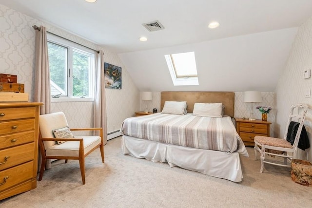 12 Hazel Pl, Woodmere, NY 11598 - bedroom featuring wallpapered walls, a skylight, light carpet, lofted ceiling, and a baseboard heating unit