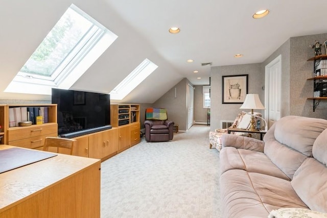 12 Hazel Pl, Woodmere, NY 11598 - living area with a skylight, vaulted ceiling, light colored carpet, recessed lighting, and baseboard heating