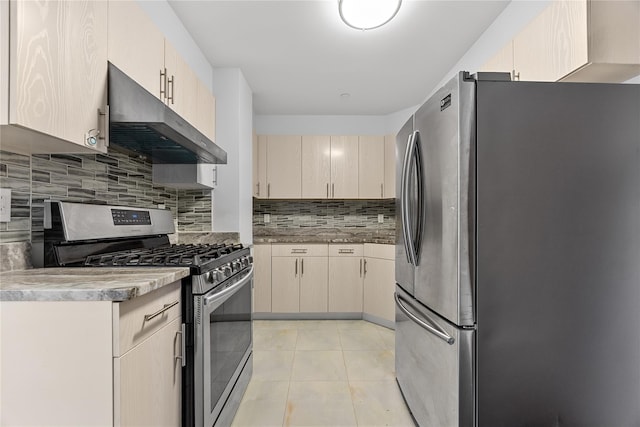 138-12 Northern Blvd Unit 3E, Flushing, NY 11354 - kitchen with appliances with stainless steel finishes, under cabinet range hood, decorative backsplash, light tile patterned floors, and light brown cabinetry