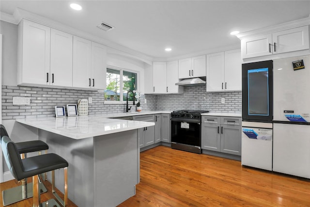 236 Martin Dr, Syosset, NY 11791 - kitchen with range with gas stovetop, under cabinet range hood, gray cabinets, a peninsula, and white cabinetry