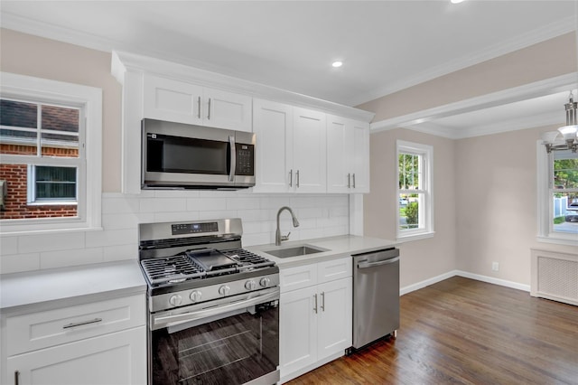 1459 Prince St, Baldwin, NY 11510 - kitchen with stainless steel appliances, a sink, light countertops, backsplash, and ornamental molding