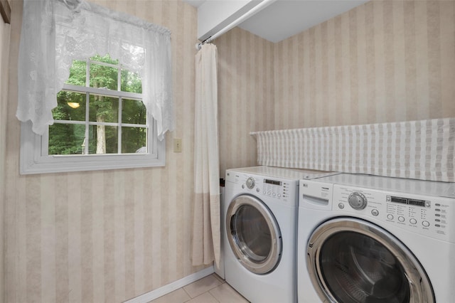 16 Shipley Dr, Cortlandt Manor, NY 10567 - laundry area with separate washer and dryer, wallpapered walls, and light tile patterned floors